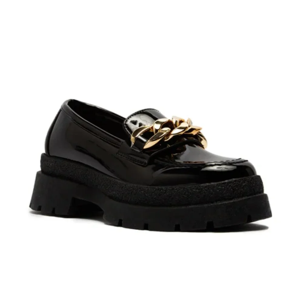 !! NEW !! Black Patent Chunky Heel Platform Loafers with Chain Detail - Picture 2 of 6